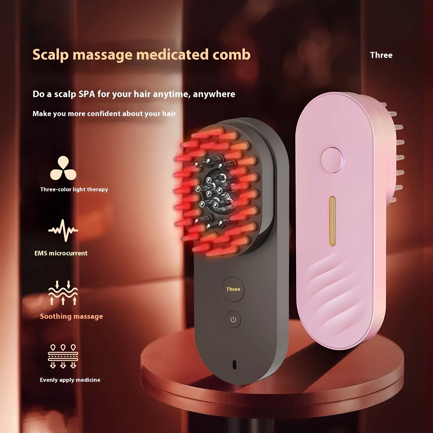 Compact pink and black smart scalp massage comb with red light therapy, shown next to a ruler for scale under 10cm.