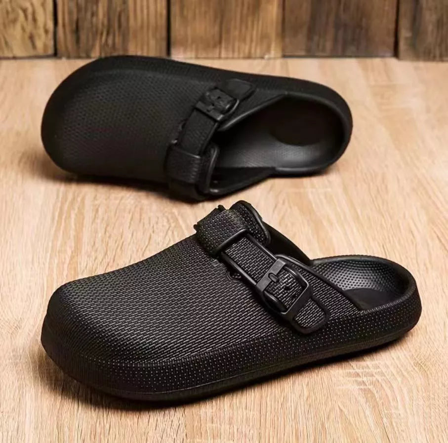 Lightweight EVA indoor home slippers in black, gray, and white