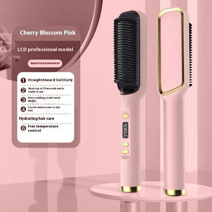 Negative ion hair straightening comb with LCD screen in avocado green colour.