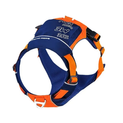 Orange blue vest-style dog chest strap with nylon construction and D-ring attachment