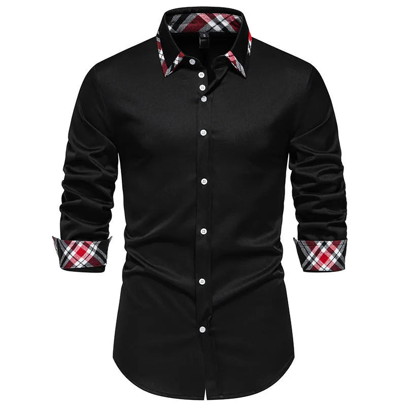 Men's plaid long sleeve shirt with triangle collar in blue, black, or white, showing contrast colour details and casual style.
