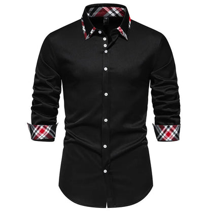 Men's plaid long sleeve shirt with triangle collar in blue, black, or white, showing contrast colour details and casual style.