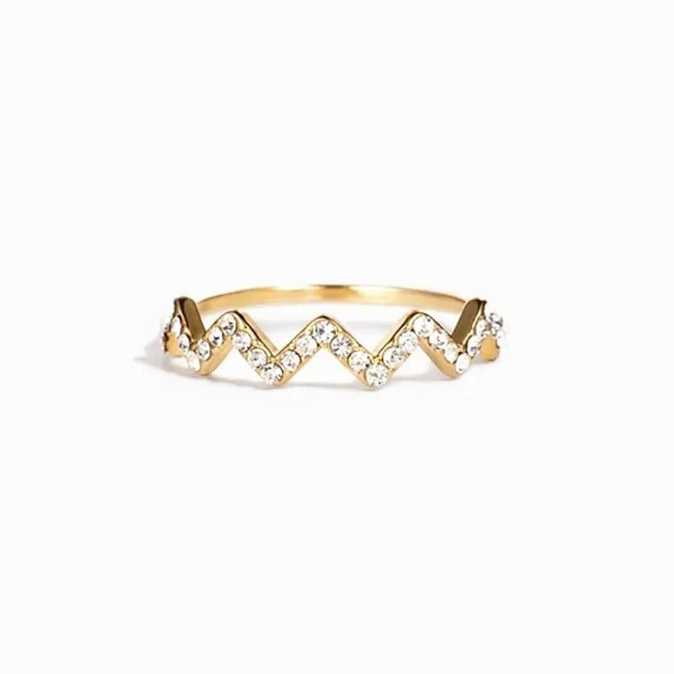 Wave pattern zircon inlaid ring in 925 sterling silver, gold or silver colour, adjustable opening, sizes 9 to 17