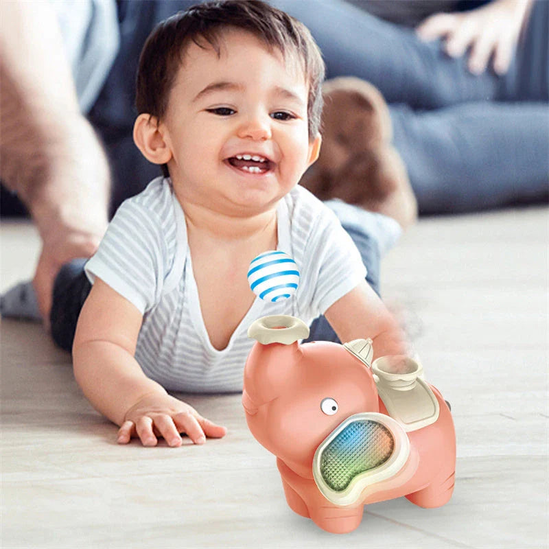 Colorful and interactive elephant-shaped toy with features like water spraying, light-up effects, and musical functions to engage and delight children