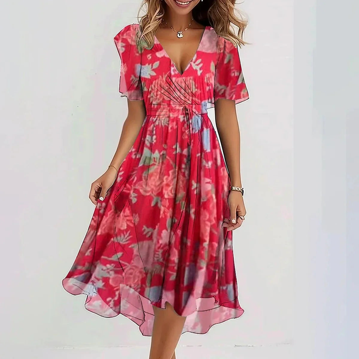 Elegant summer chiffon V-neck dress with floral print, available in multiple colors and sizes.
