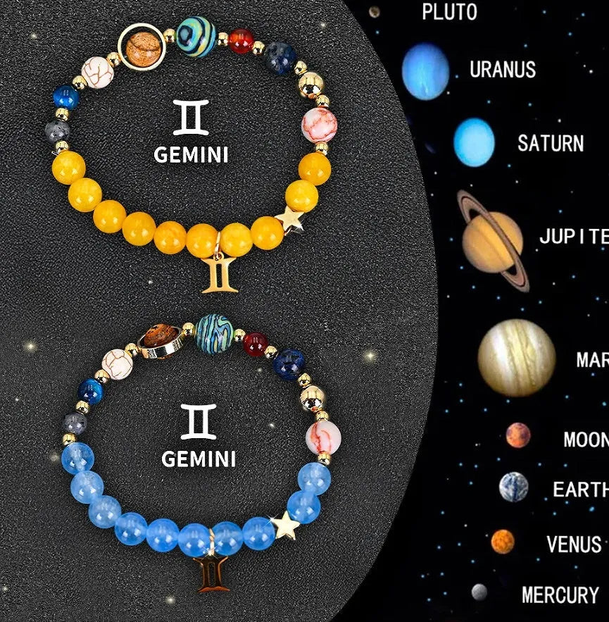 Twelve Zodiac Sign beaded bracelet set with natural stone beads on adjustable cord, showing two bracelets for mix-and-match styling.