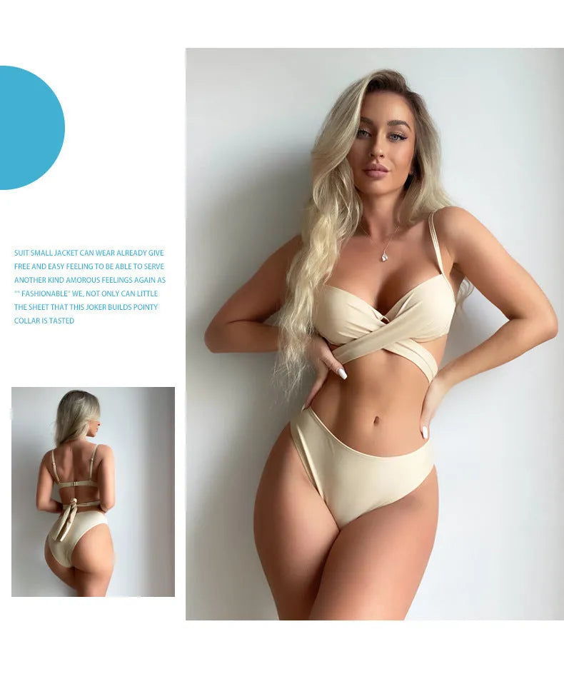 Women's three-piece backless push-up bikini set in creamy white, reddish brown or white colours