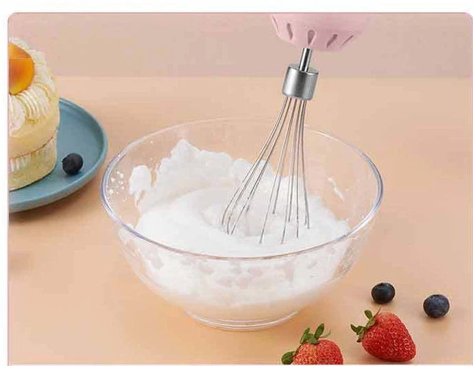 Cordless mini wireless electric hand mixer with whisk and beater attachments, available in green, white, and pink colors