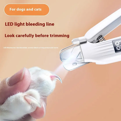 White HZ8 electric dog nail clippers and trimmer with a built-in file on a rechargeable battery.