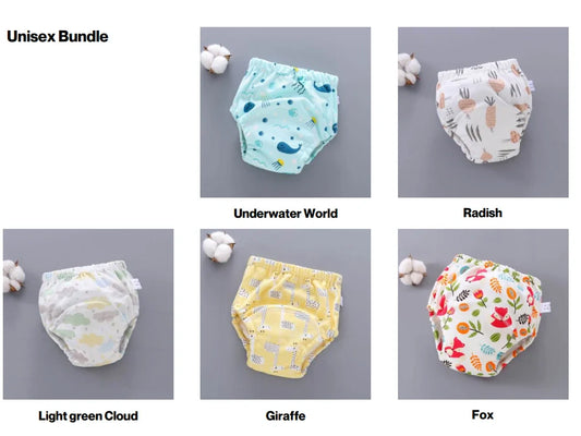 Washable baby training pants with 6-layer gauze construction in pure cotton, showing five colour options