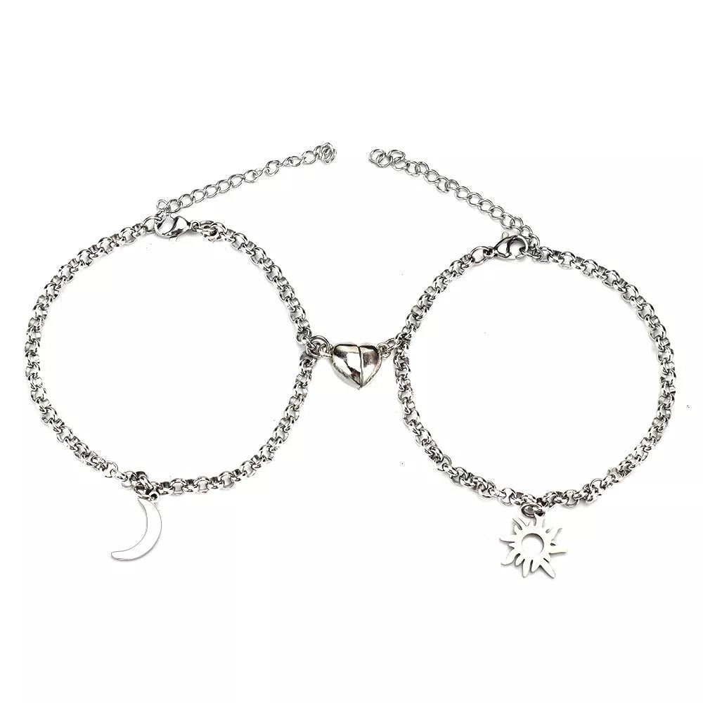 Sun Moon Charm Stainless Steel Couple Bracelets in NK, O type, and pearl colors