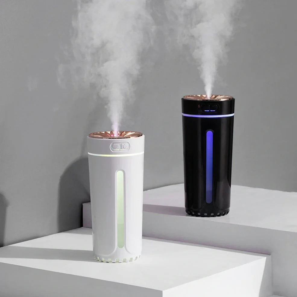 Phantom Cup Air Humidifier in black colour with USB cable, showing compact 69x69x152mm dimensions