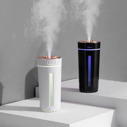 Phantom Cup Air Humidifier in black colour with USB cable, showing compact 69x69x152mm dimensions