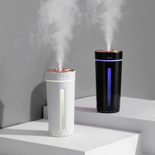 Phantom Cup Air Humidifier in black colour with USB cable, showing compact 69x69x152mm dimensions