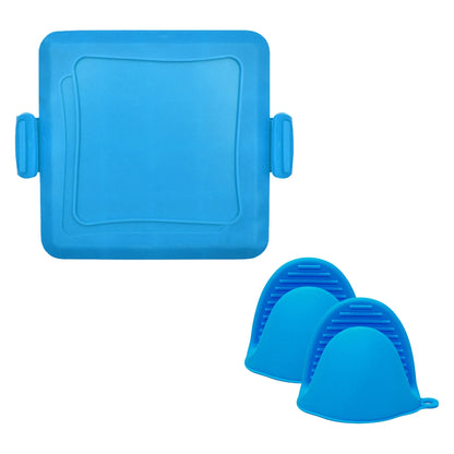 Red silicone baking tray with handbag-shaped mould and matching heat-resistant gloves on kitchen counter