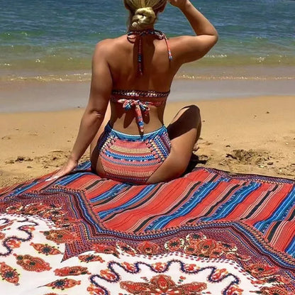 Women's three-piece swimsuit set with sleeveless top, high-waist briefs, and cover-up coat in picture colour