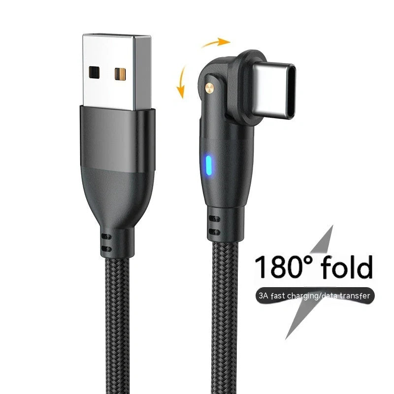 180-degree bendable fast charge USB cable in black, red, and purple