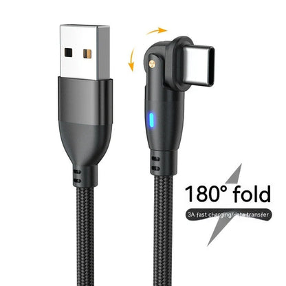 180-degree bendable fast charge USB cable in black, red, and purple