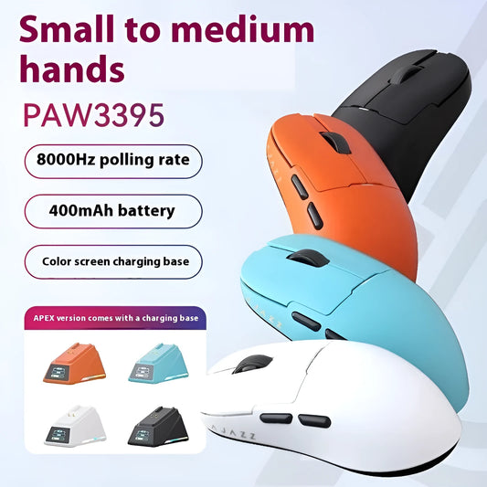 AJ159 gaming mouse in various colours showing its compact shape and Teflon foot pads.