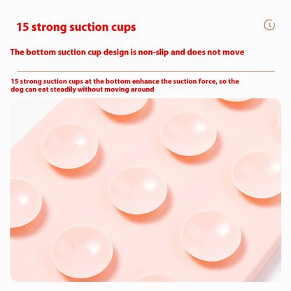 Silicone pet licking mat with suction cup base in pink, grey, or khaki colour options for slow feeding dogs and cats.