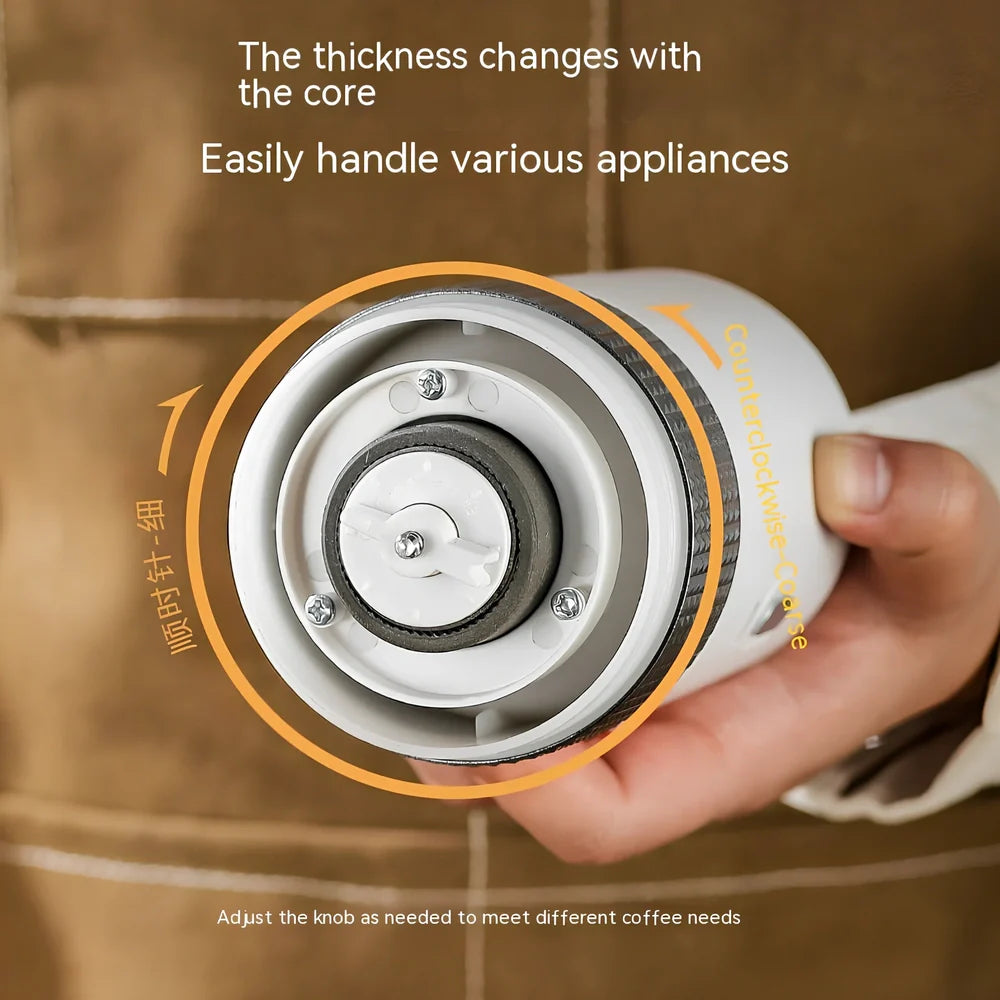 Electric coffee grinder in bright yellow, calm grey, elegant black, or elegant white with 25g bean capacity and TYPE-C charging port