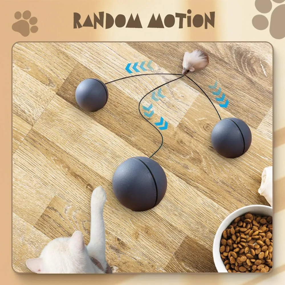 Automatic self-rolling cat ball toy in blue-orange and grey colours on indoor floor