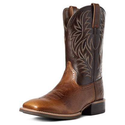 Black Western cowboy boot with vintage embroidery, square toe, and low heel on a rubber sole
