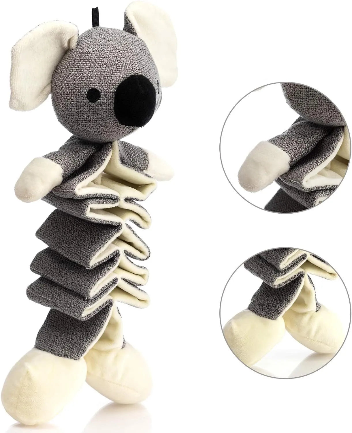 Gray koala dog toy with crinkle paper, 30cm long, for small medium large dogs to chew and play