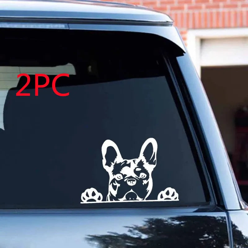 Two reflective dog pattern car stickers, 15.6cm x 10.4cm, pet material, black white colourful, for car body and rear window glass