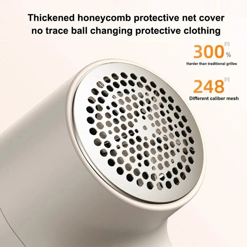 White electric lint remover with LED display showing fabric shaver dimensions 126x73x68mm