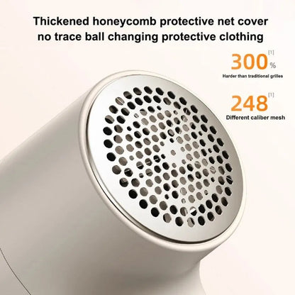 White electric lint remover with LED display showing fabric shaver dimensions 126x73x68mm