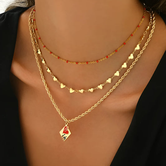 Adjustable three-layer clavicle chain necklace with geometric zinc alloy pendant