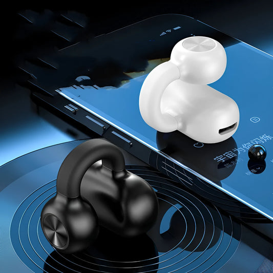Black clip-on bone conduction wireless Bluetooth earphones with charging cable