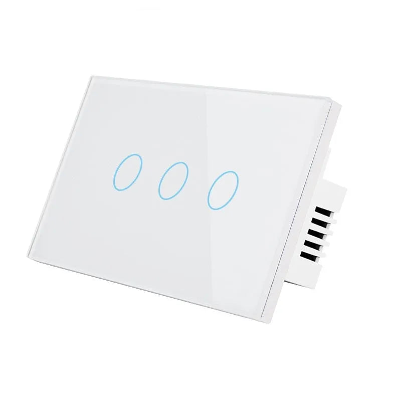 US-RF-02W white 2-gang remote control light switch with tempered glass panel measuring 120x72x35mm