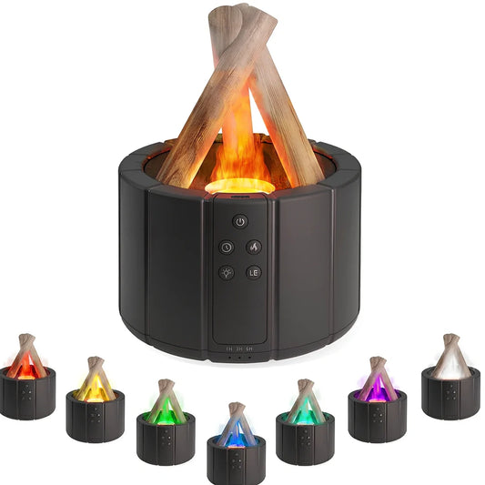 White H9 flame simulation humidifier with 280ml tank on desk, showing ultrasound mist and LED flame effect for aromatherapy