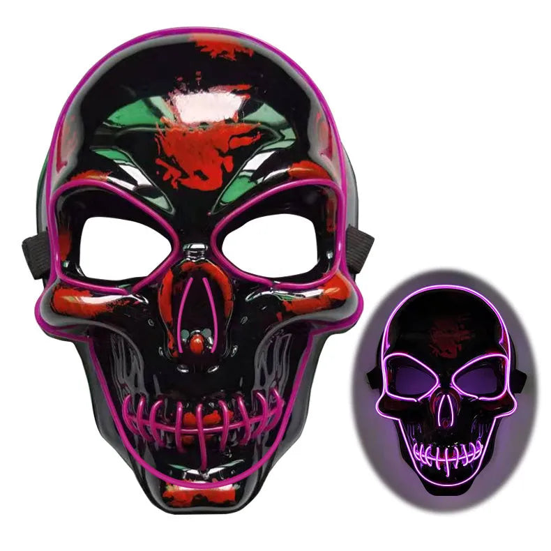 Blue LED glow skeleton mask with flashing lights on a person's face