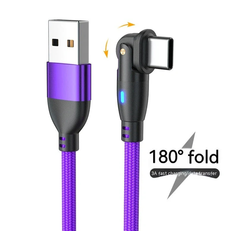 180-degree bendable fast charge USB cable in black, red, and purple