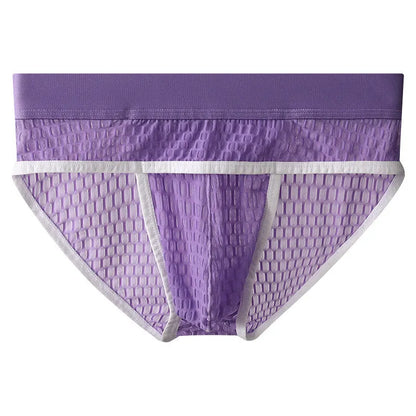 Men's lace-trimmed briefs in white with U pouch design and mid-rise waistband