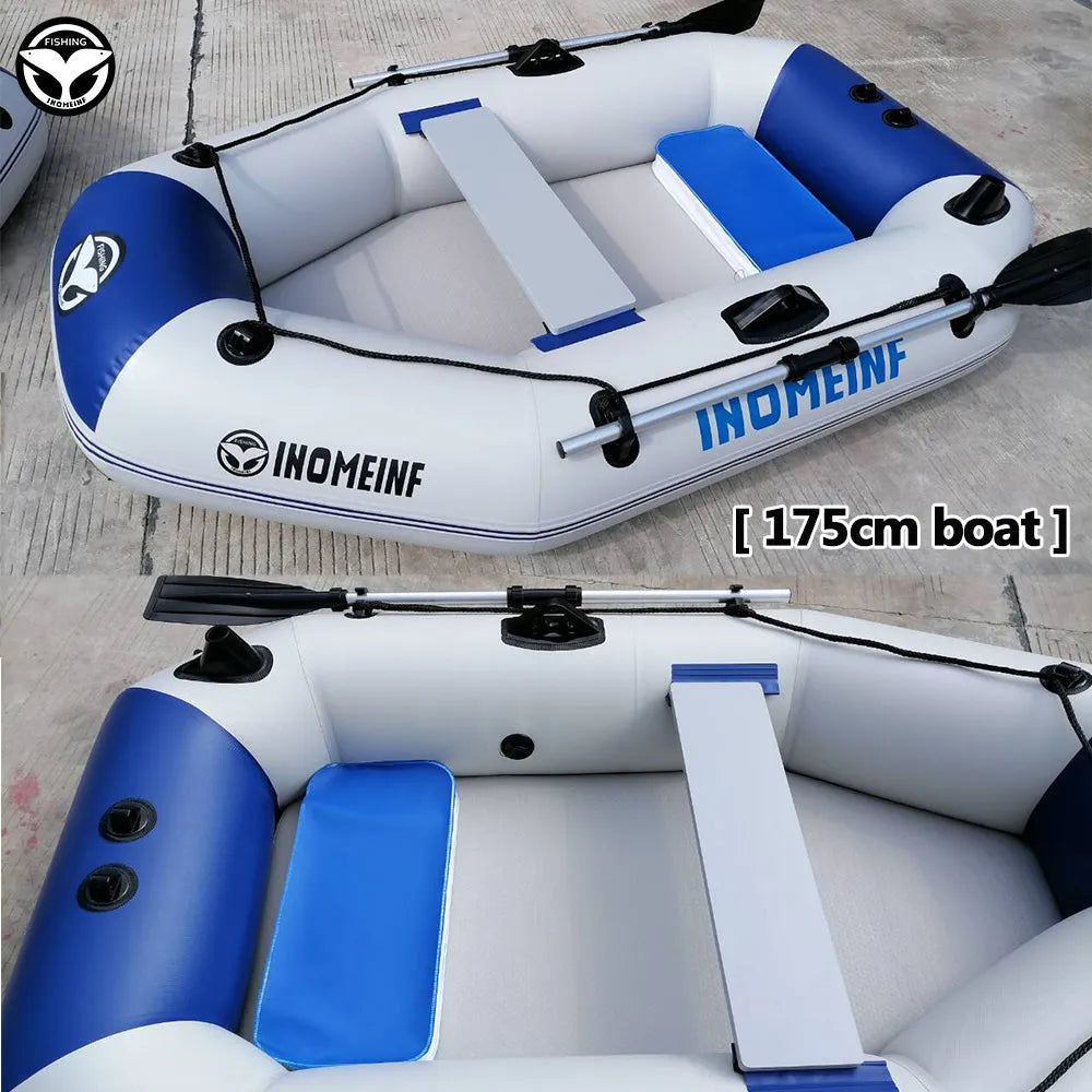 Inflatable kayak with 0.9mm environmental protection PVC hull, hard bottom, and foot pump, 4-person capacity.