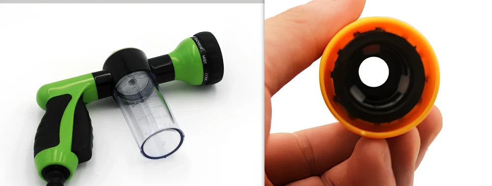 Green plastic household foam high pressure car wash water gun, 22x19x6cm size with adjustable nozzle for foam spraying