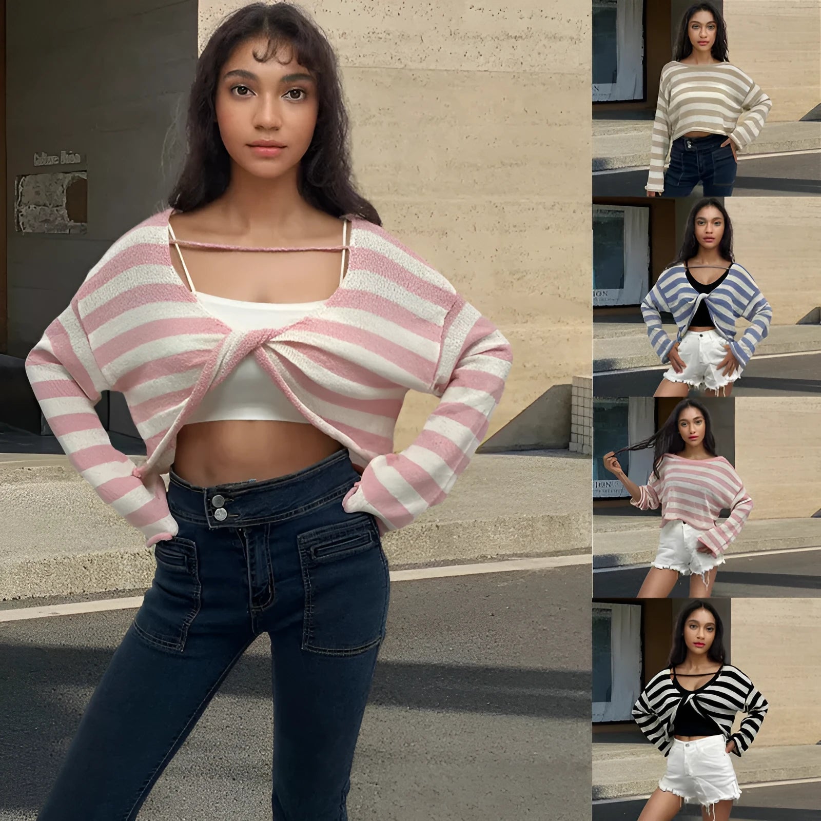 Reversible black and white striped cropped sweater shown worn both front and back.