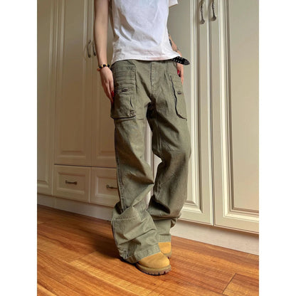 Double zipper workwear casual pants in green cotton fabric with pocket and elastic waist