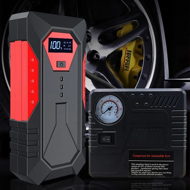 Red 12V emergency start power source with 18800 capacity, battery clamp, and data cable for car jump starting