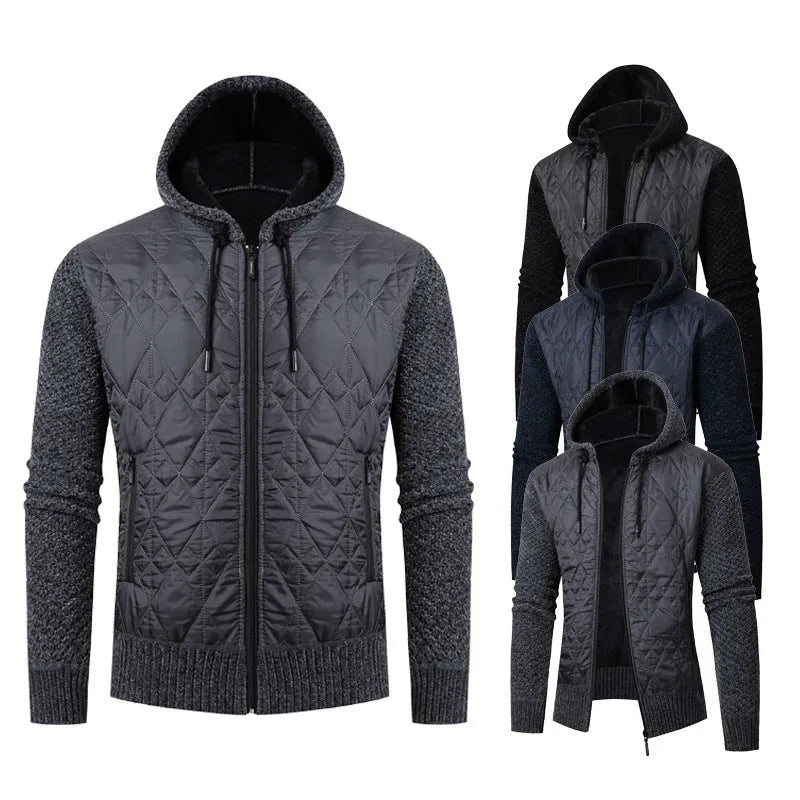 Men's grey hooded sweater coat with cinched style, wool and corduroy fabric, for winter wear