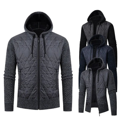 Men's grey hooded sweater coat with cinched style, wool and corduroy fabric, for winter wear