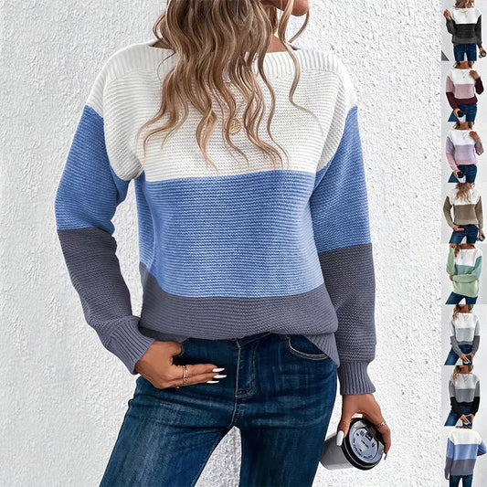 Women's round neck pullover sweater with unique splicing design in various colors