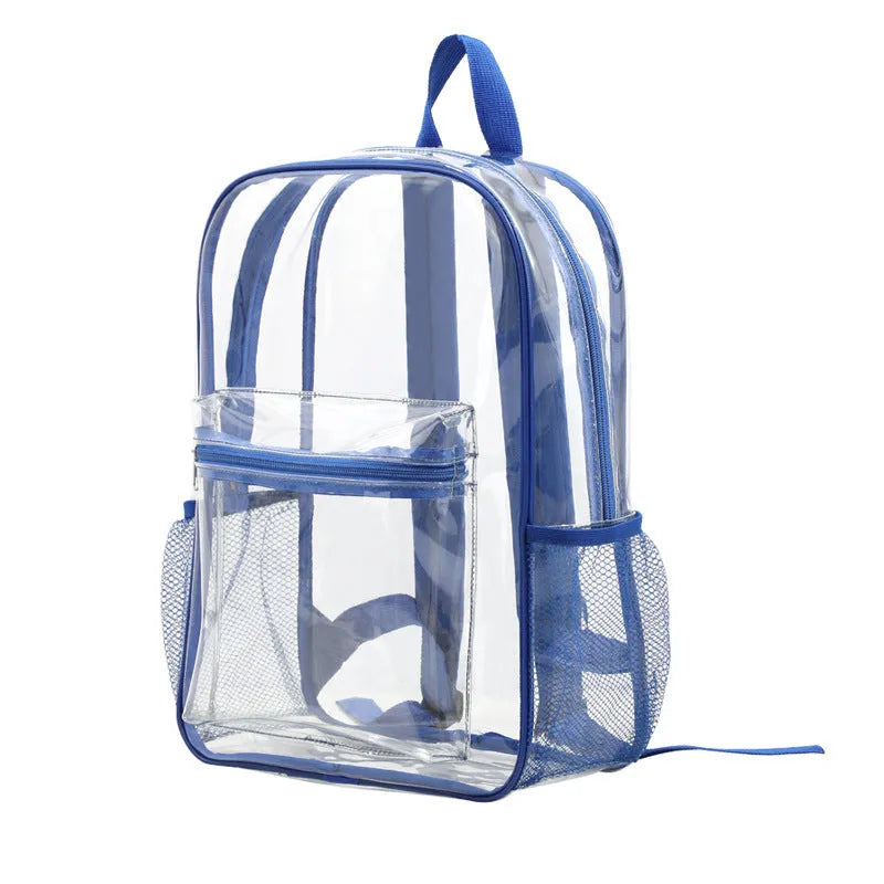 Transparent PVC travel backpack showing contents through clear material with 50 litre capacity