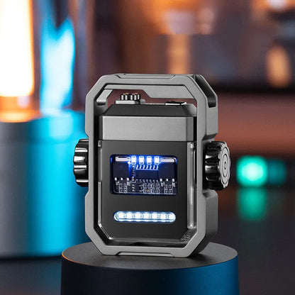 Pulse Lighter showing double arc flame, mechanical gyroscope, and folding zinc alloy body in blue colour