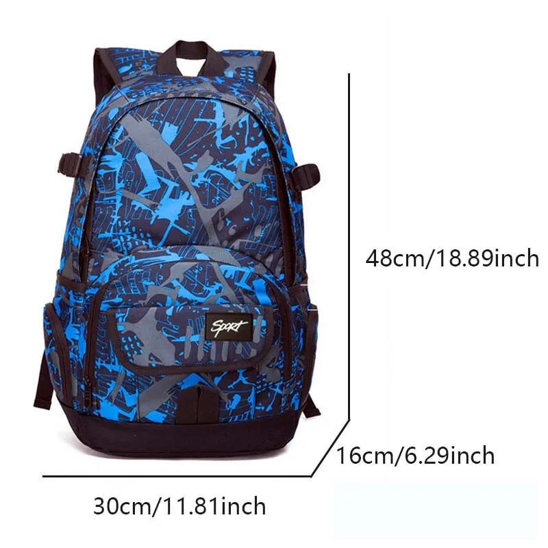 Blue classic nylon backpack with multiple compartments and adjustable straps, shown with laptop sleeve