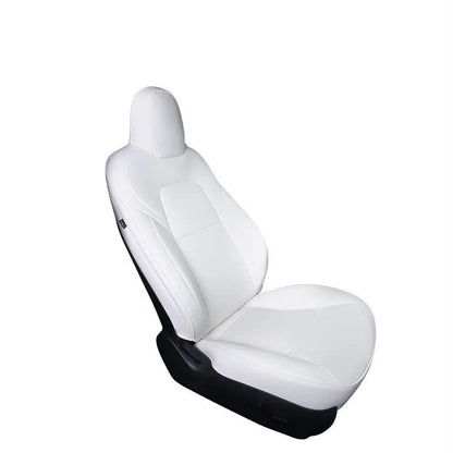 Black PVC seat cover installed on a Tesla Model 3 front seat, showing binding-style edges.